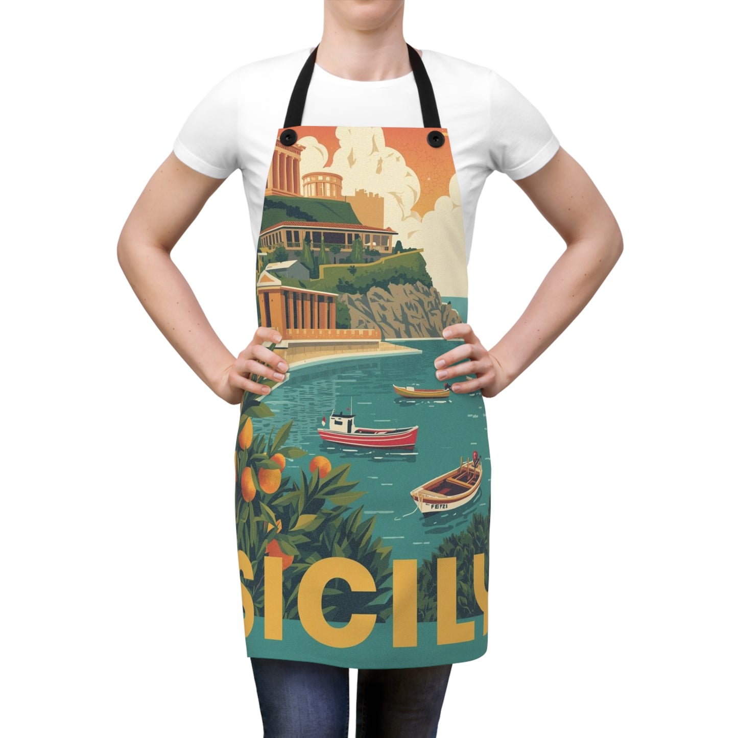 Sicily Vintage Travel Apron — Coastal Retro Kitchen Gift