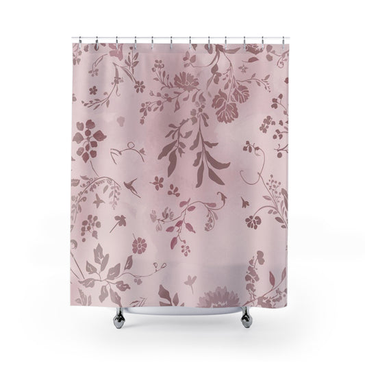 Blush Floral Shower Curtain — Vintage Rose Damask Bathroom Decor