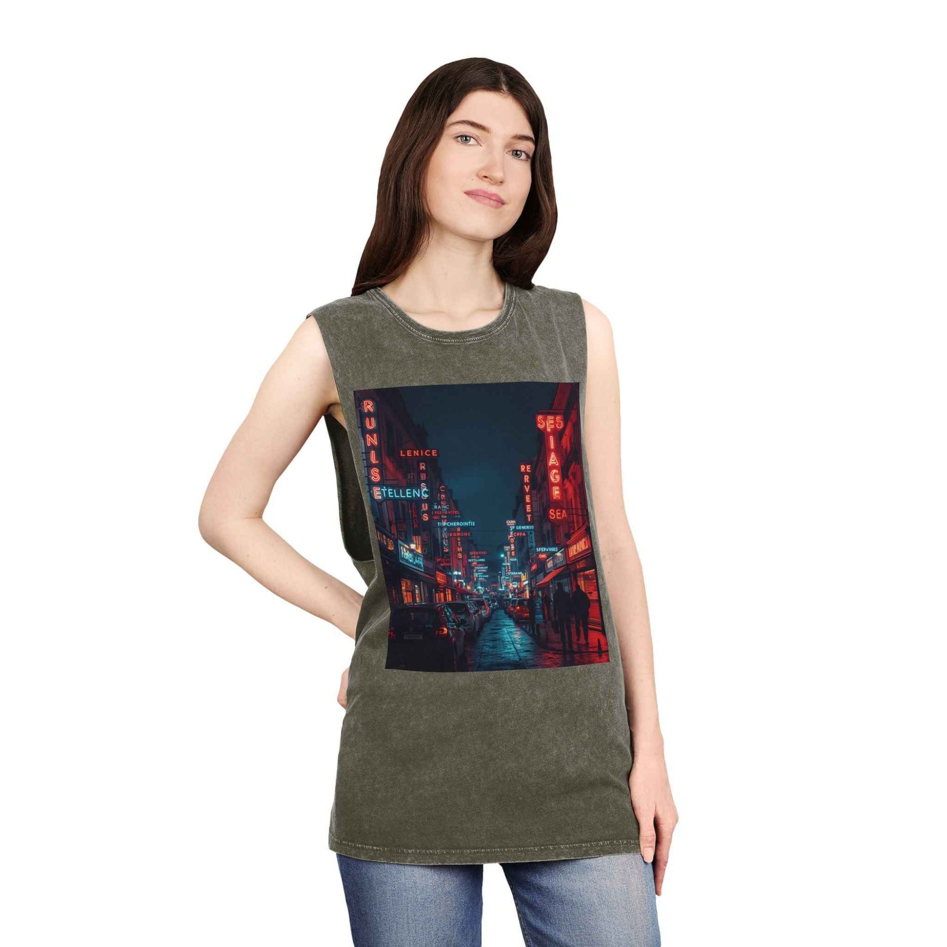 Neon French Cityscape Stonewash Tank Top With Retro Cyberpunk Night Street Print