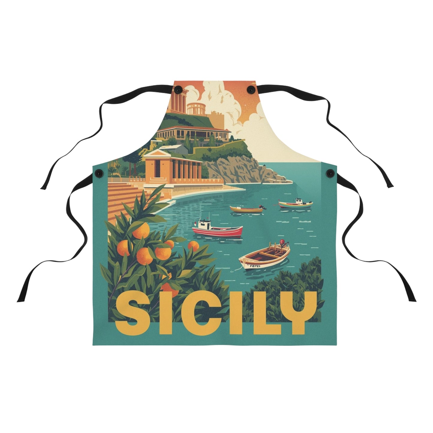 Sicily Vintage Travel Apron — Coastal Retro Kitchen Gift