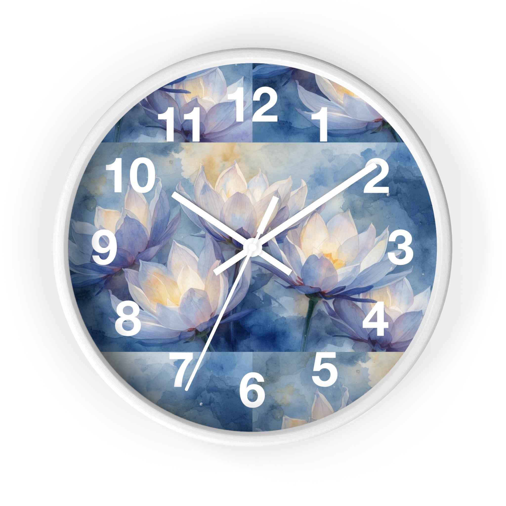 Lotus Watercolor Wall Clock — Blue Floral Decorative Clock for Living Room, Bedroom, Yoga Studio