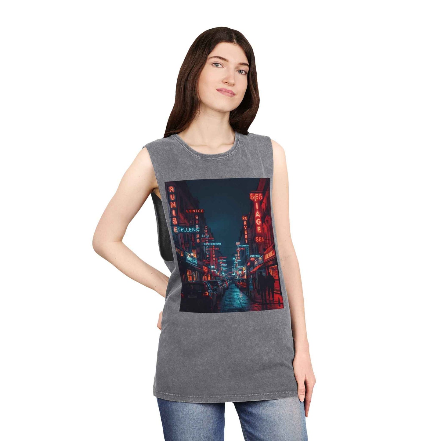 Neon French Cityscape Stonewash Tank Top With Retro Cyberpunk Night Street Print