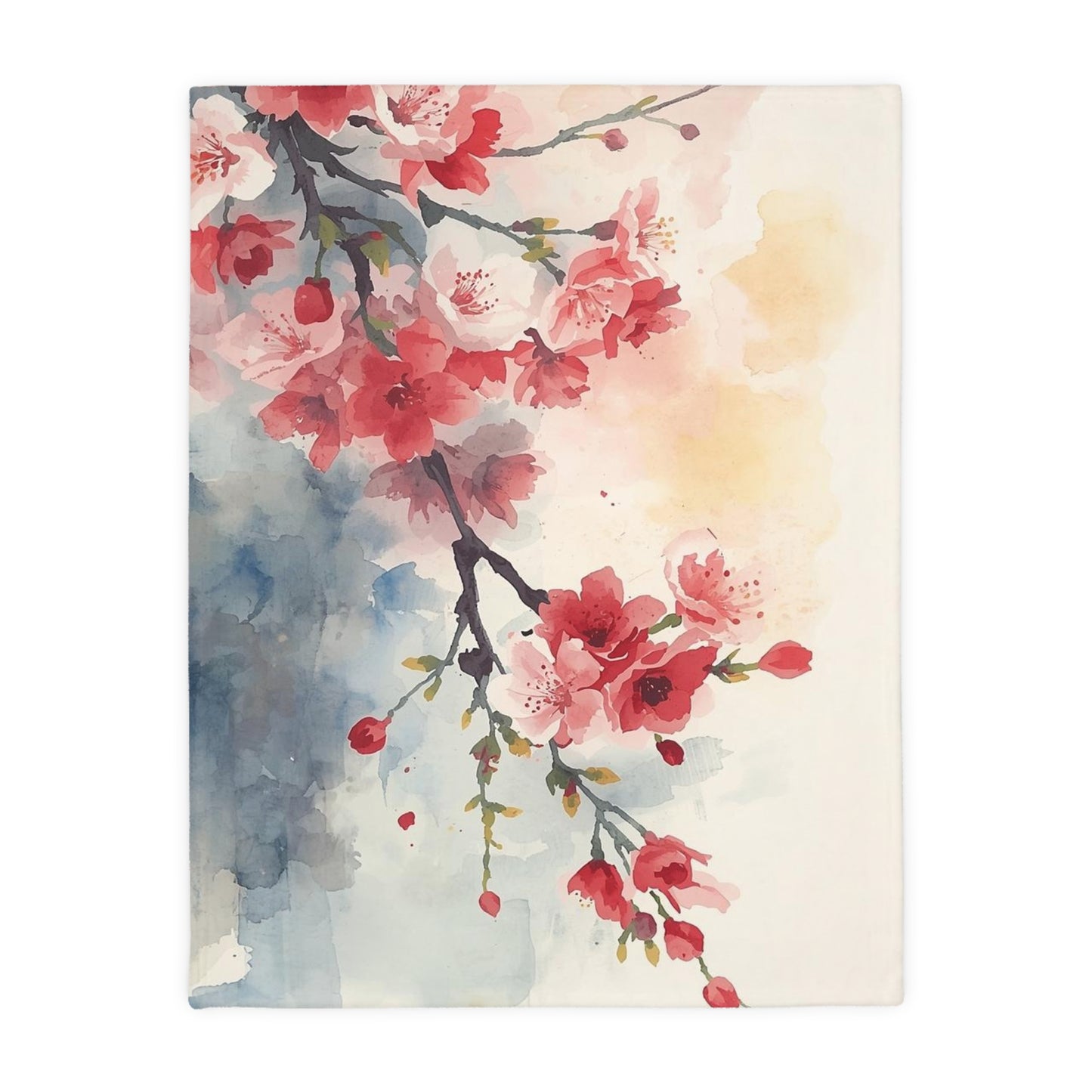 Floral Watercolor Cherry Blossom Blanket — Velveteen Microfiber Throw