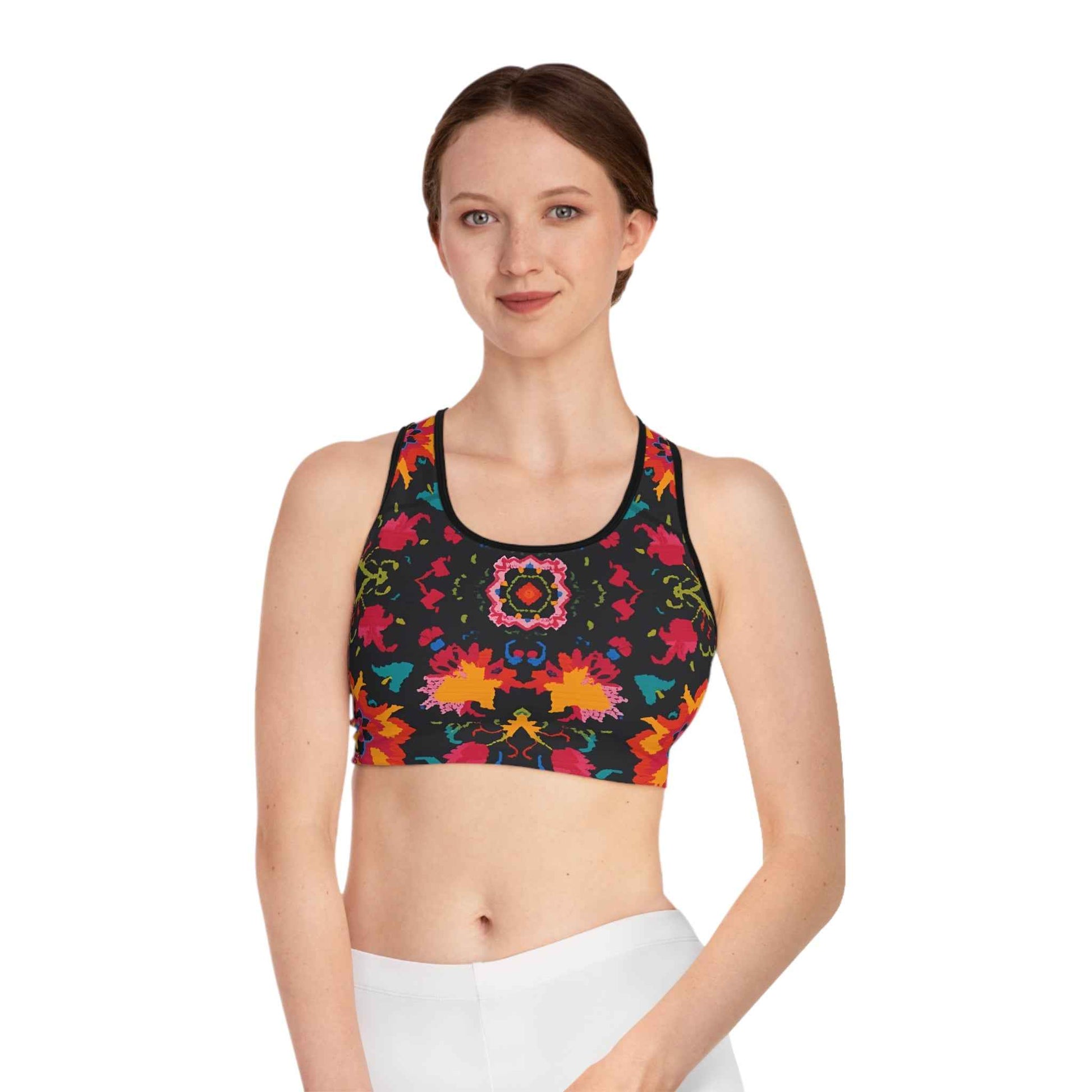 Bold Kaleidoscope Active Crop Sports Bra Floral Ikat Print