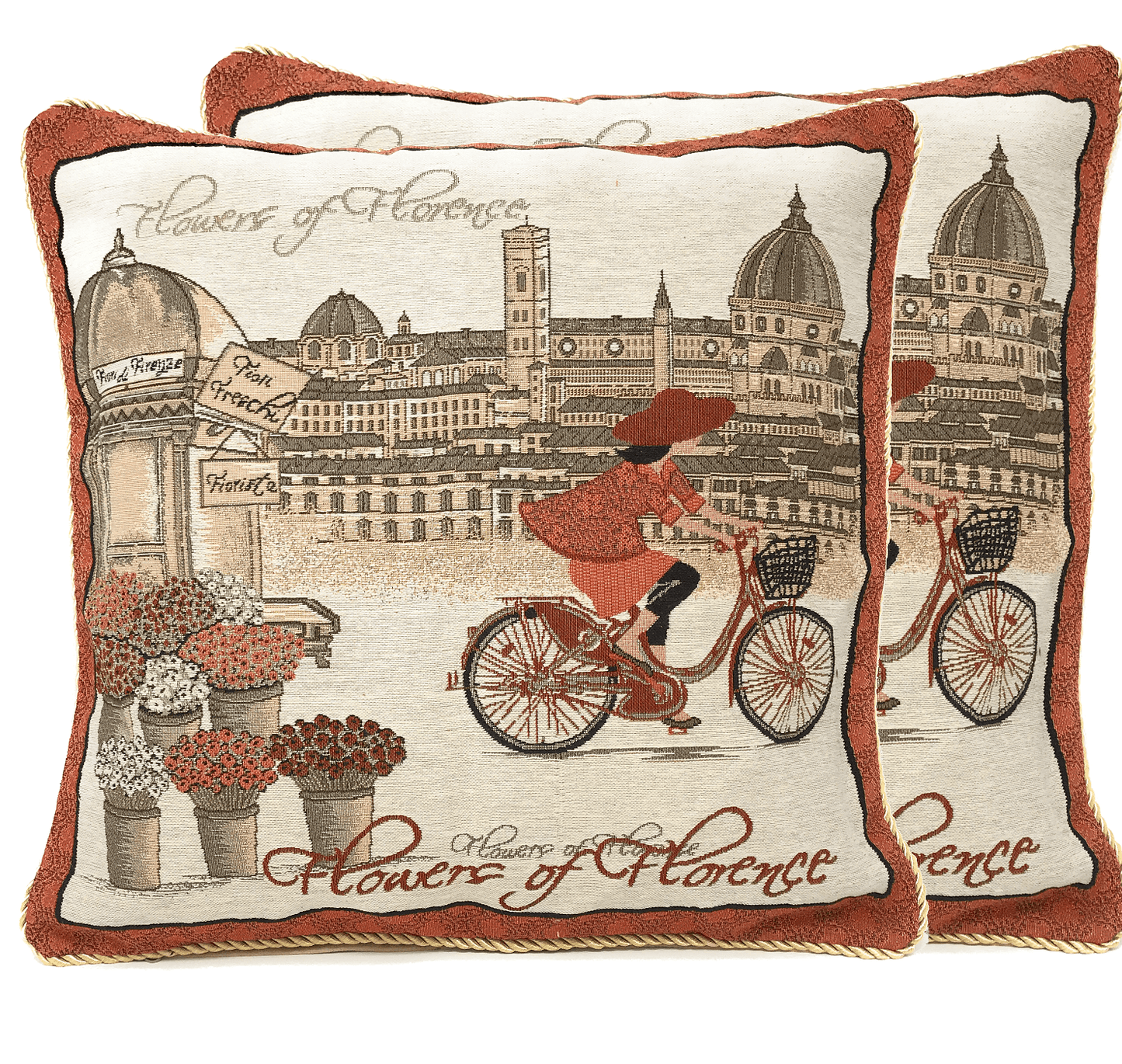 Tache Flowers of Florence Italy Skyline European Postcard Woven Tapestry Throw Pillow Cover (14003)-5