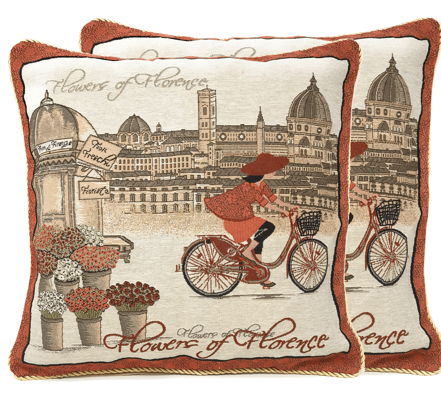 Tache Flowers of Florence Italy Skyline European Postcard Woven Tapestry Throw Pillow Cover (14003)-5