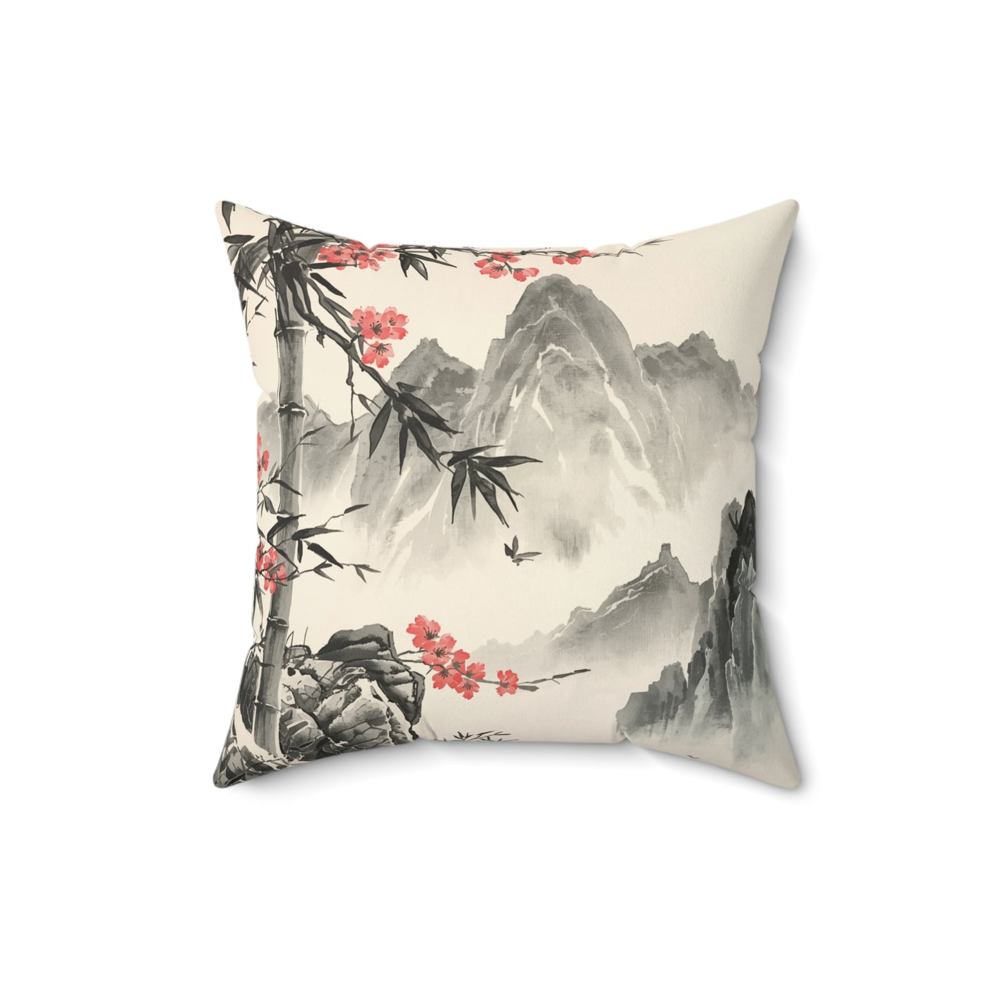 Suede Square Pillow — Asian Ink Landscape with Cherry Blossoms