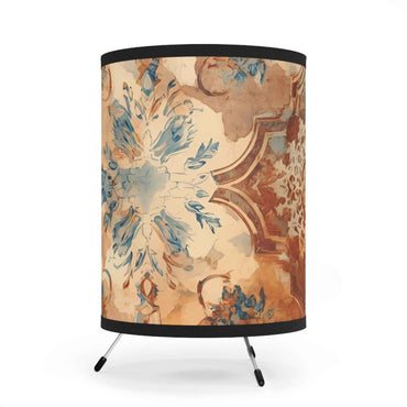 Vintage Turkish Tile Print Tripod Lamp — Ceramic Pattern Printed Shade (US/CA Plug)