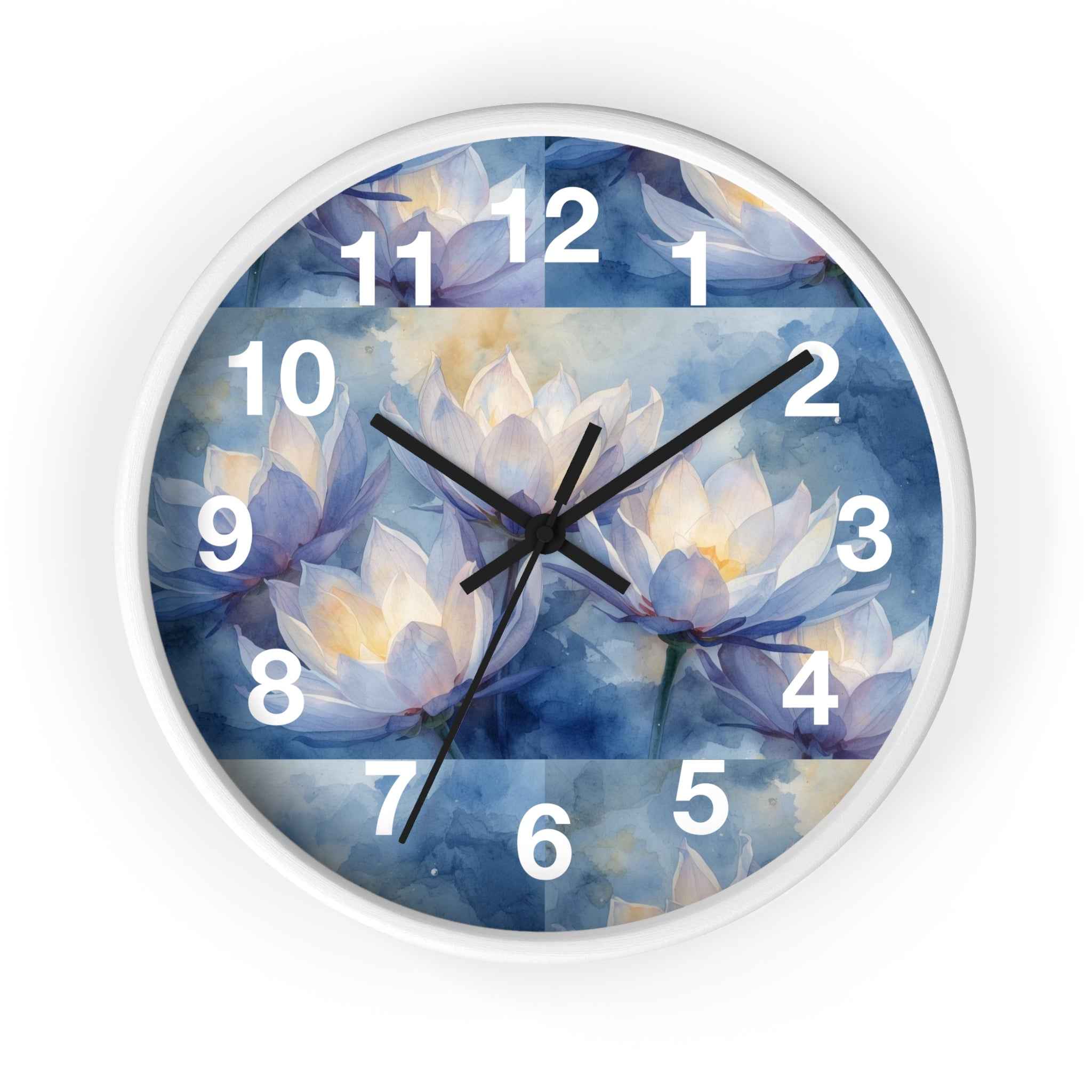 Lotus Watercolor Wall Clock — Blue Floral Decorative Clock for Living Room, Bedroom, Yoga Studio