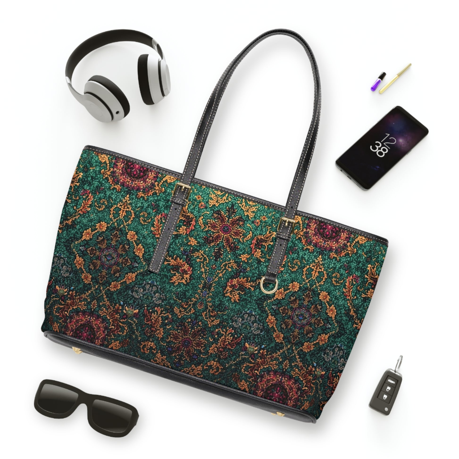 Elegant PU Leather Shoulder Bag Floral Tapestry Tote - Rosetta Creative Boutique
