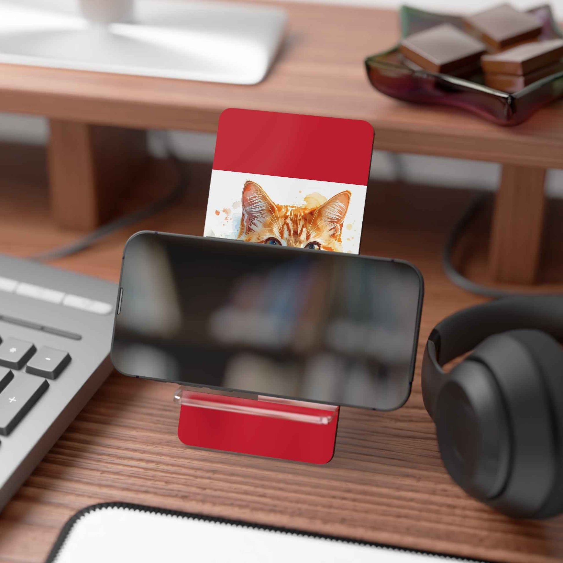 Cat Watercolor Smartphone Stand — Red Mobile Display Holder for Phones