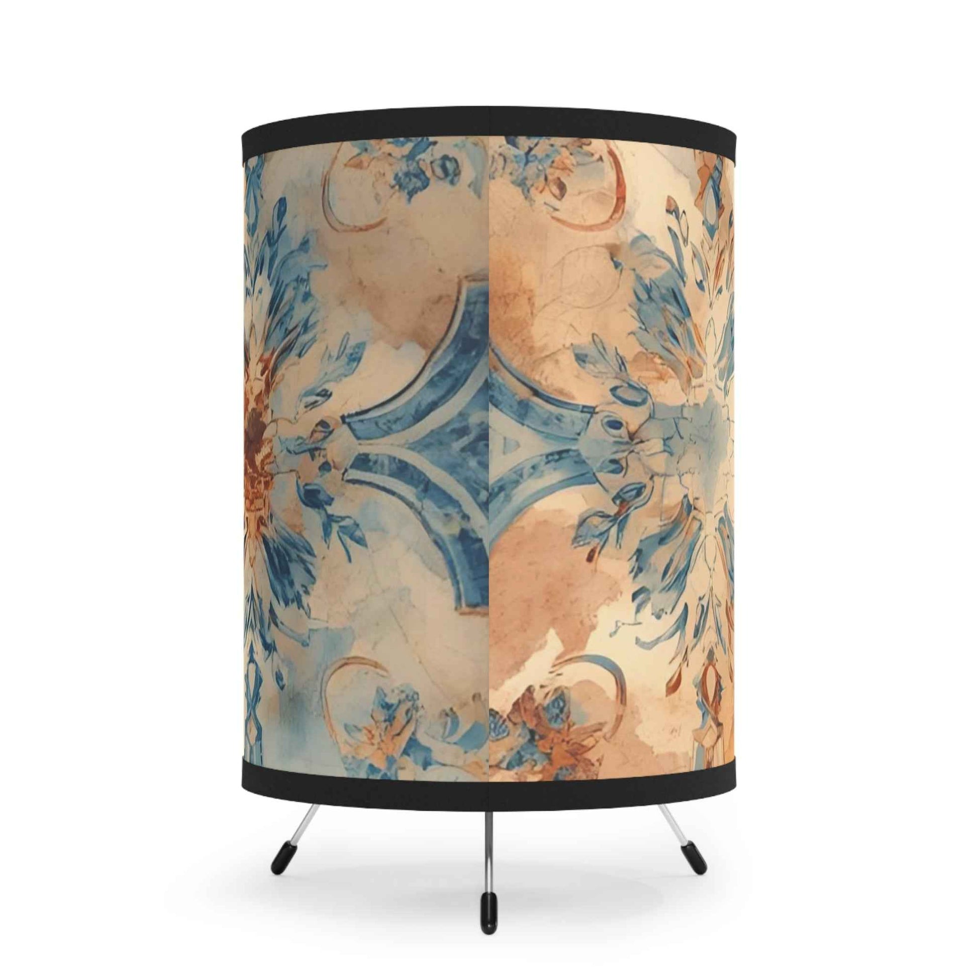 Vintage Turkish Tile Print Tripod Lamp — Ceramic Pattern Printed Shade (US/CA Plug)