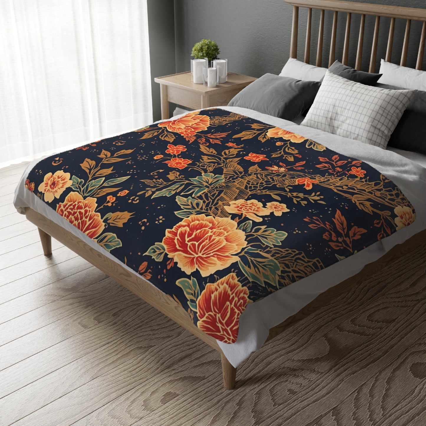 Floral Koi Velvet Microfiber Blanket — Vintage Navy Garden Throw