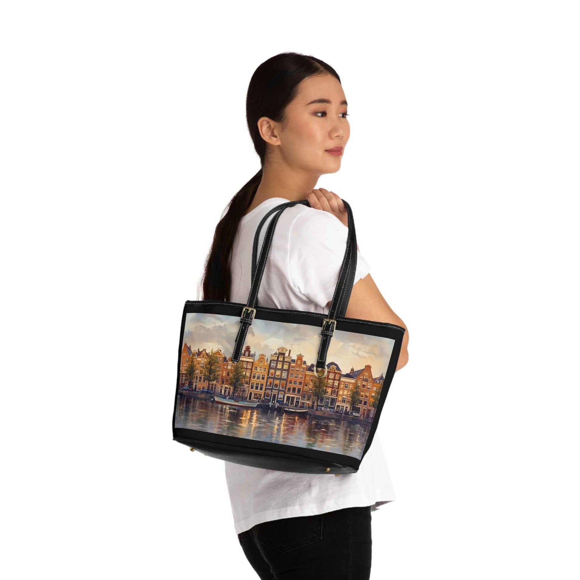 Amsterdam Cityscape PU Leather Shoulder Bag, Chic Tote, Travel Purse, Gift for Her, Wall Art-Inspired Bag