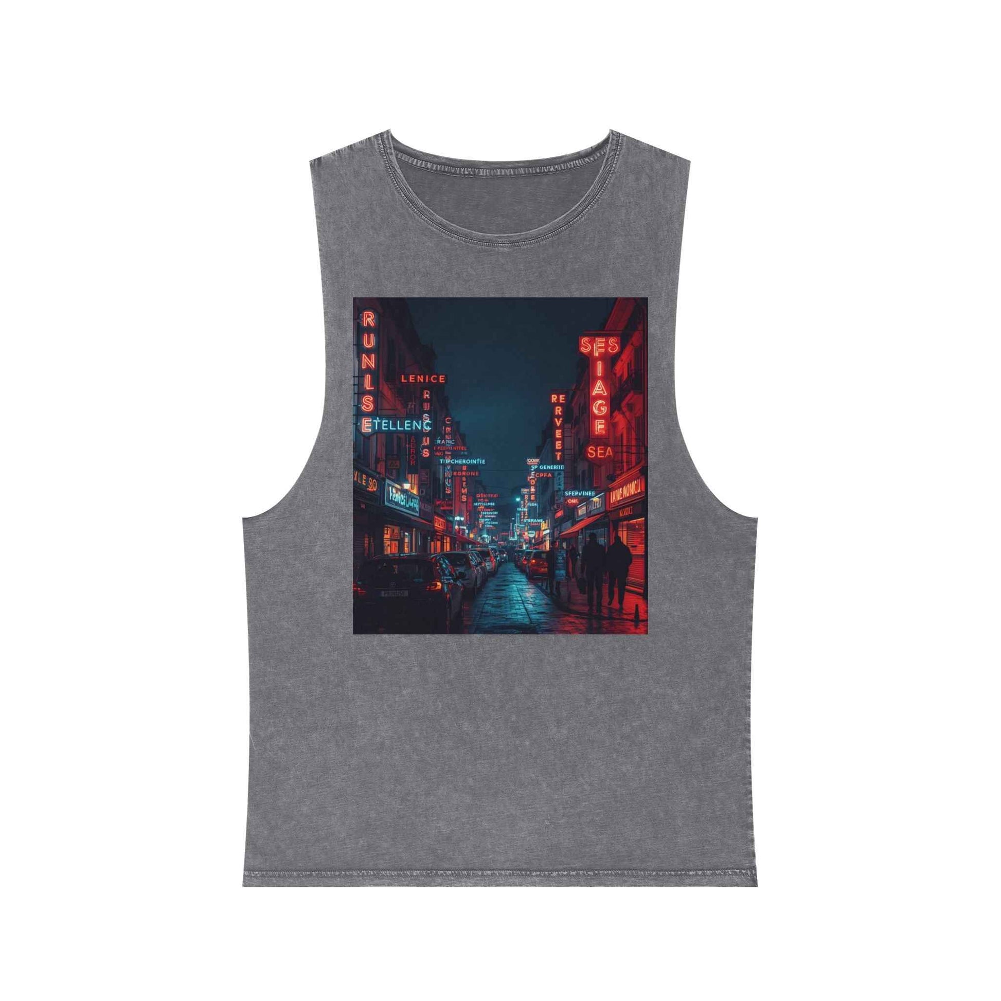 Neon French Cityscape Stonewash Tank Top With Retro Cyberpunk Night Street Print