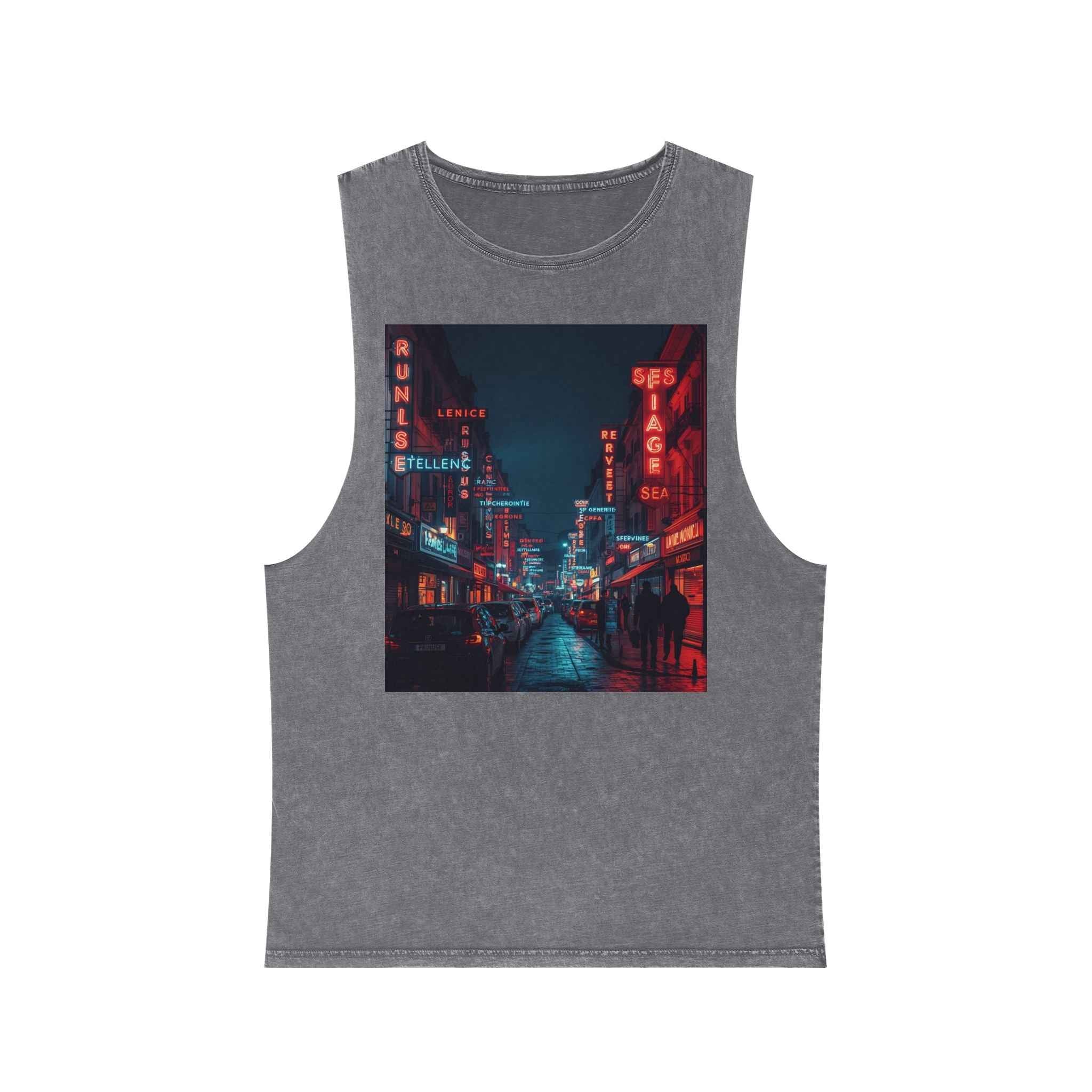 Neon French Cityscape Stonewash Tank Top With Retro Cyberpunk Night Street Print