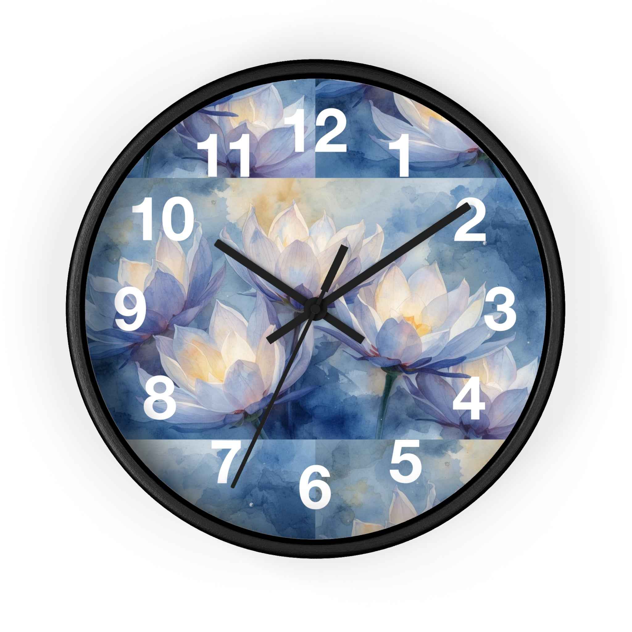Lotus Watercolor Wall Clock — Blue Floral Decorative Clock for Living Room, Bedroom, Yoga Studio