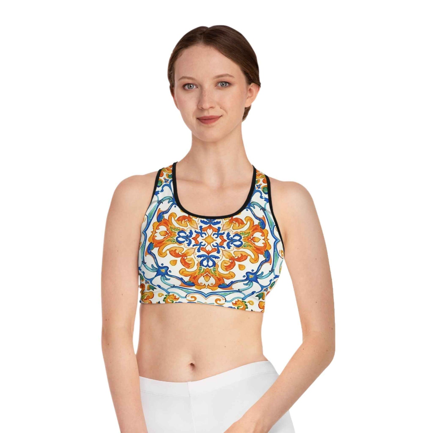 Mediterranean Tile Compression Sports Bra Orange Blue Allover Print