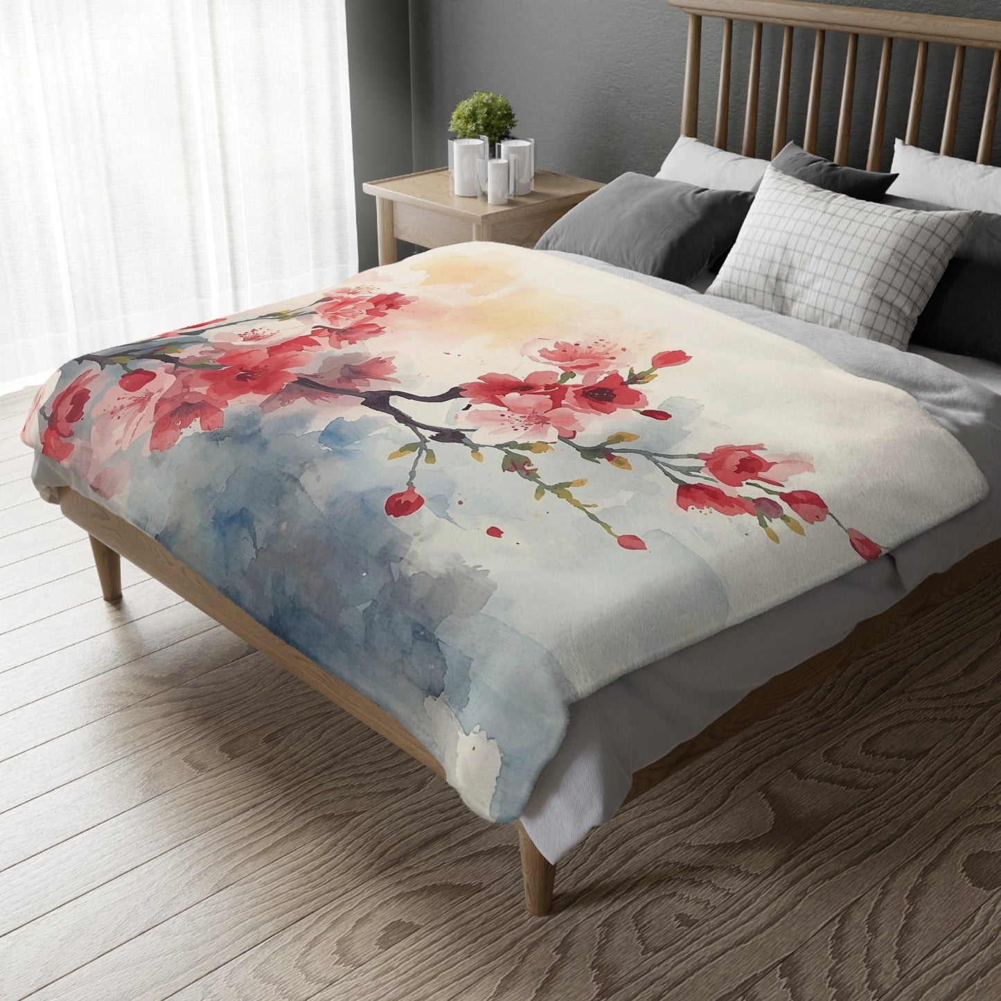 Floral Watercolor Cherry Blossom Blanket — Velveteen Microfiber Throw