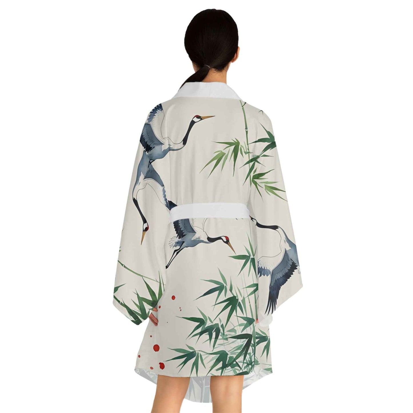 Elegant Crane Print Kimono Robe for Spa Days and Relaxation - Boho Fashion Gift for Her - Rosetta Creative Boutique