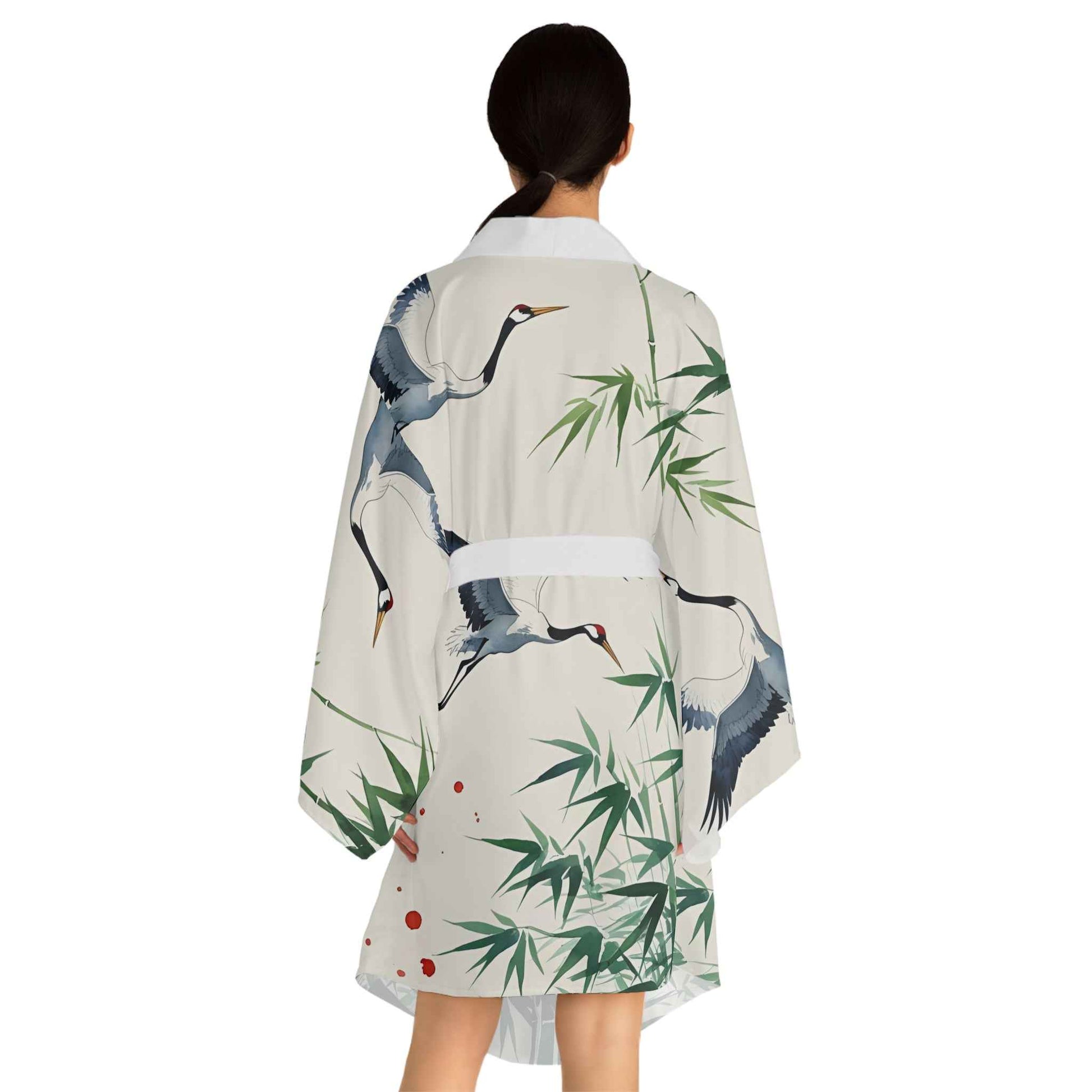 Elegant Crane Print Kimono Robe for Spa Days and Relaxation - Boho Fashion Gift for Her - Rosetta Creative Boutique