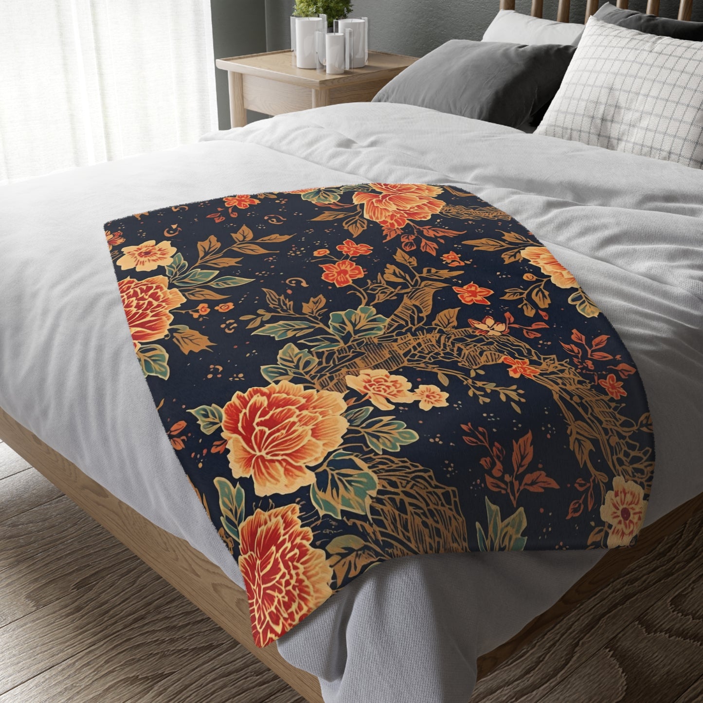 Floral Koi Velvet Microfiber Blanket — Vintage Navy Garden Throw