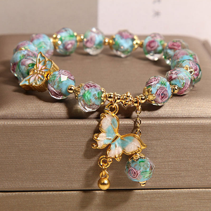 Japanese Korean Rose Garden Bracelet With Flower Glaze Butterflies