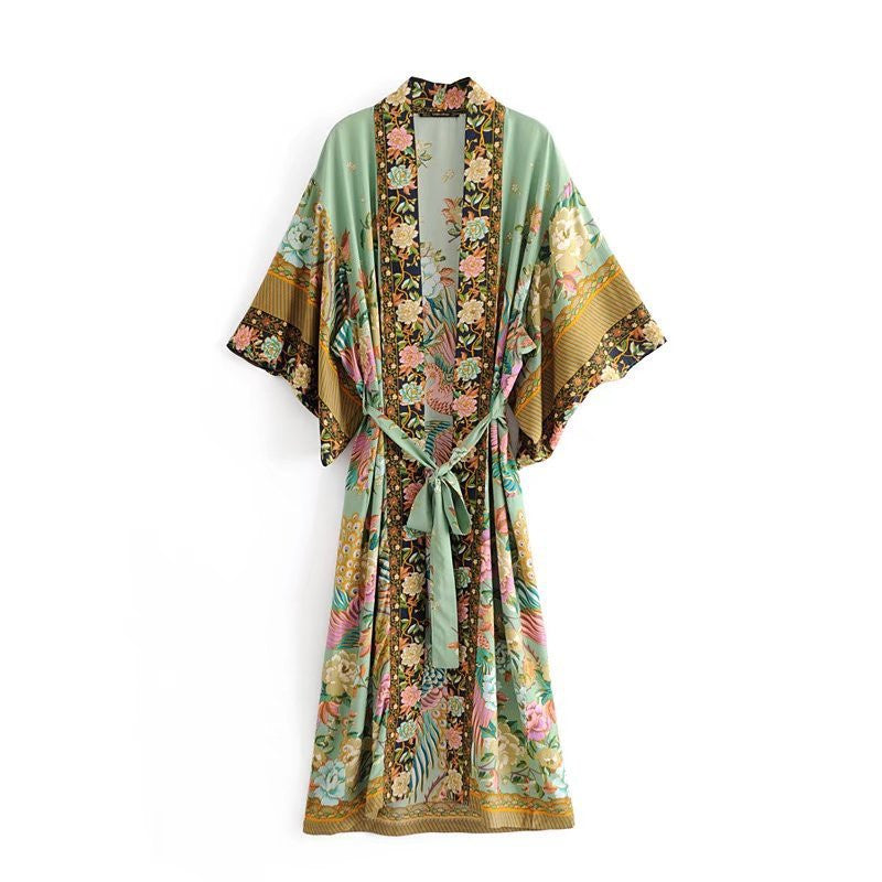 Bohemian Crane Print Kimono Dress Cotton Midi With Swing Skirt
