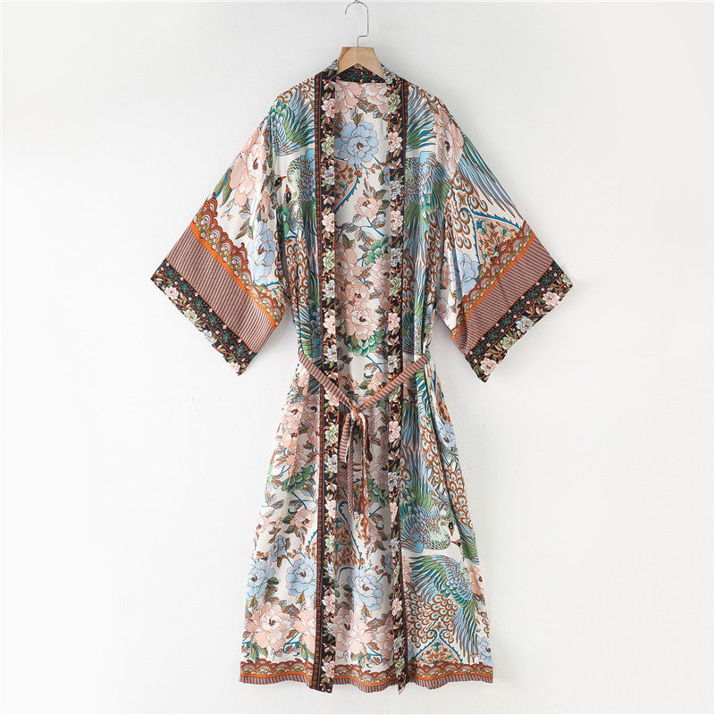 Bohemian Crane Print Kimono Dress Cotton Midi With Swing Skirt