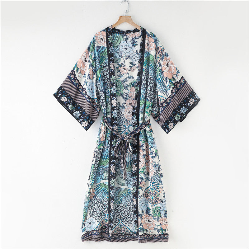 Bohemian Crane Print Kimono Dress Cotton Midi With Swing Skirt