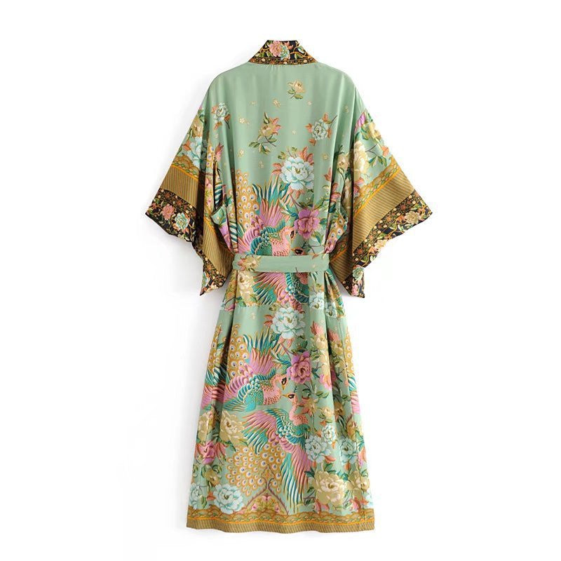 Bohemian Crane Print Kimono Dress Cotton Midi With Swing Skirt