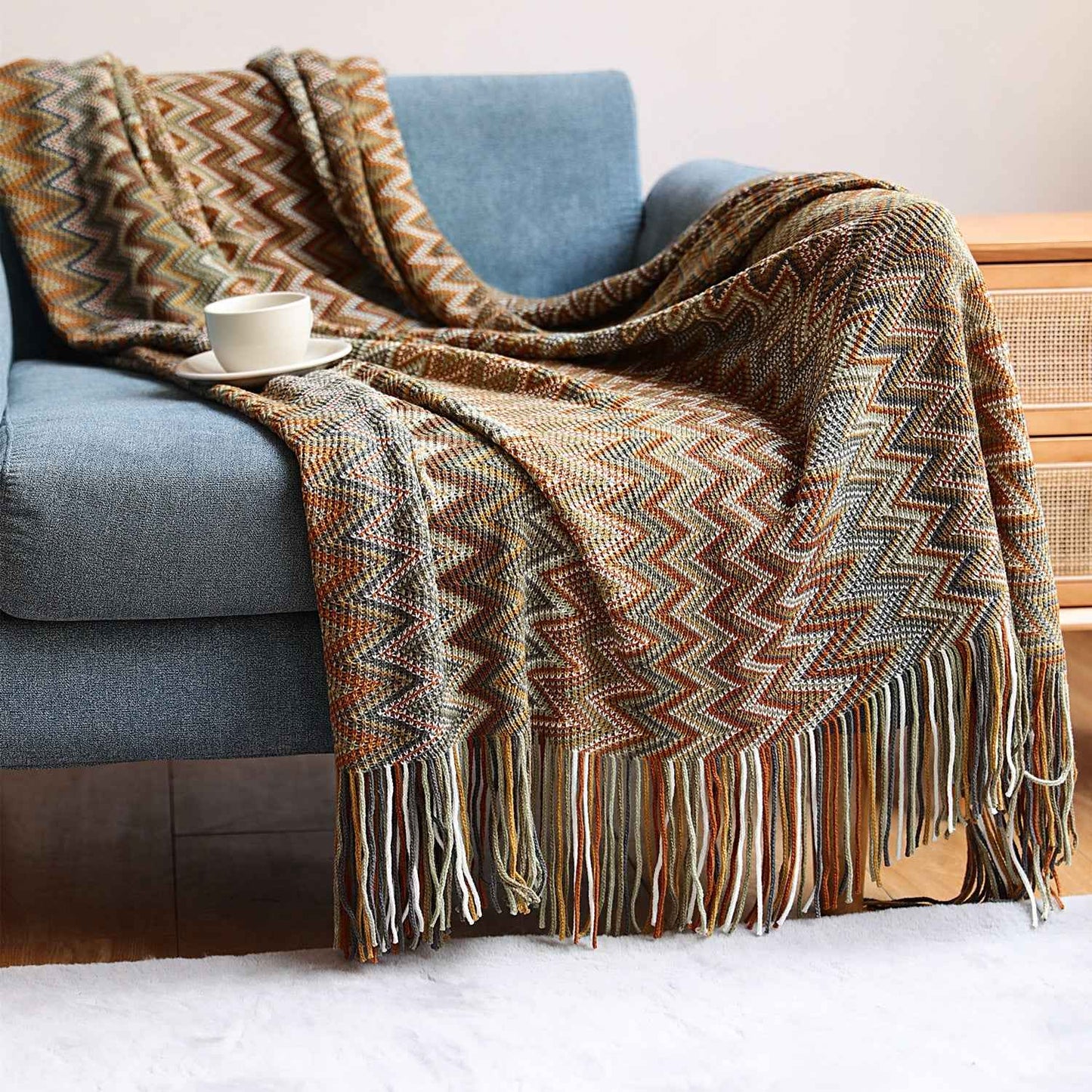Bohemian Striped Knit Blanket Sofa Throw Geometric Design