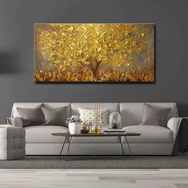 Hand Painted 3D Knife Gold Tree Abstract Landscape Oil Painting On Canvas