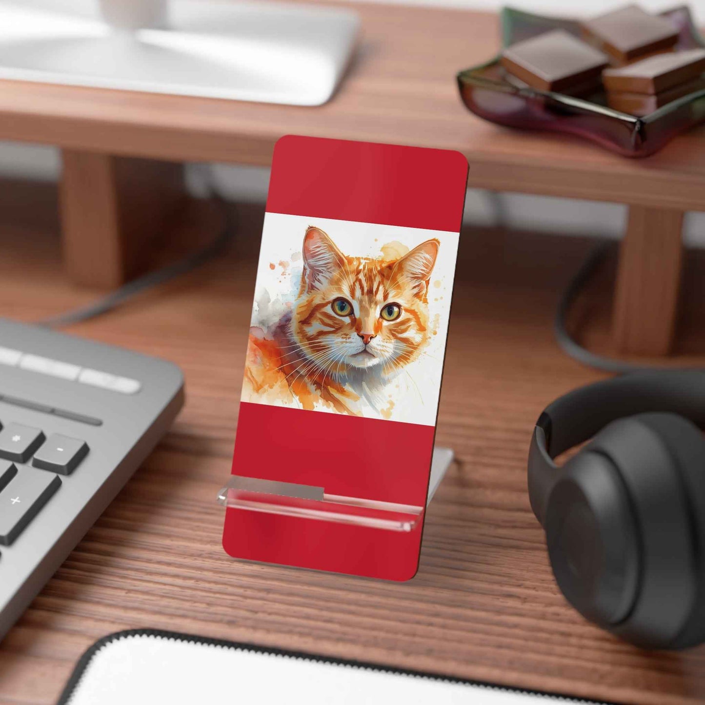 Cat Watercolor Smartphone Stand — Red Mobile Display Holder for Phones