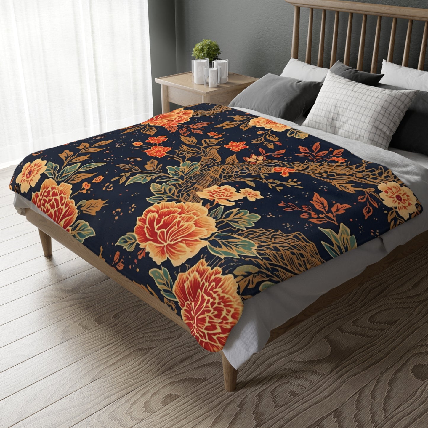 Floral Koi Velvet Microfiber Blanket — Vintage Navy Garden Throw