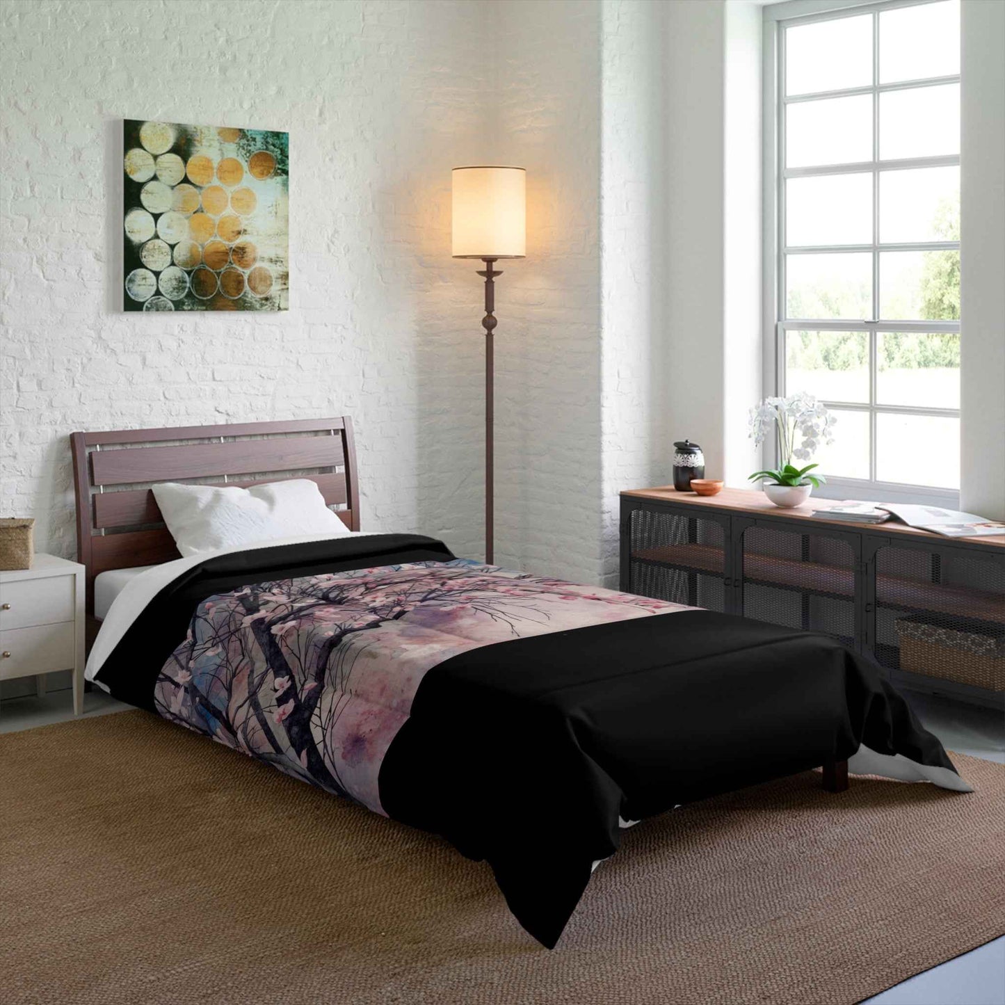 Cherry Blossom Comforter Set Lightweight Pink Watercolor Tree Bedding Microfiber