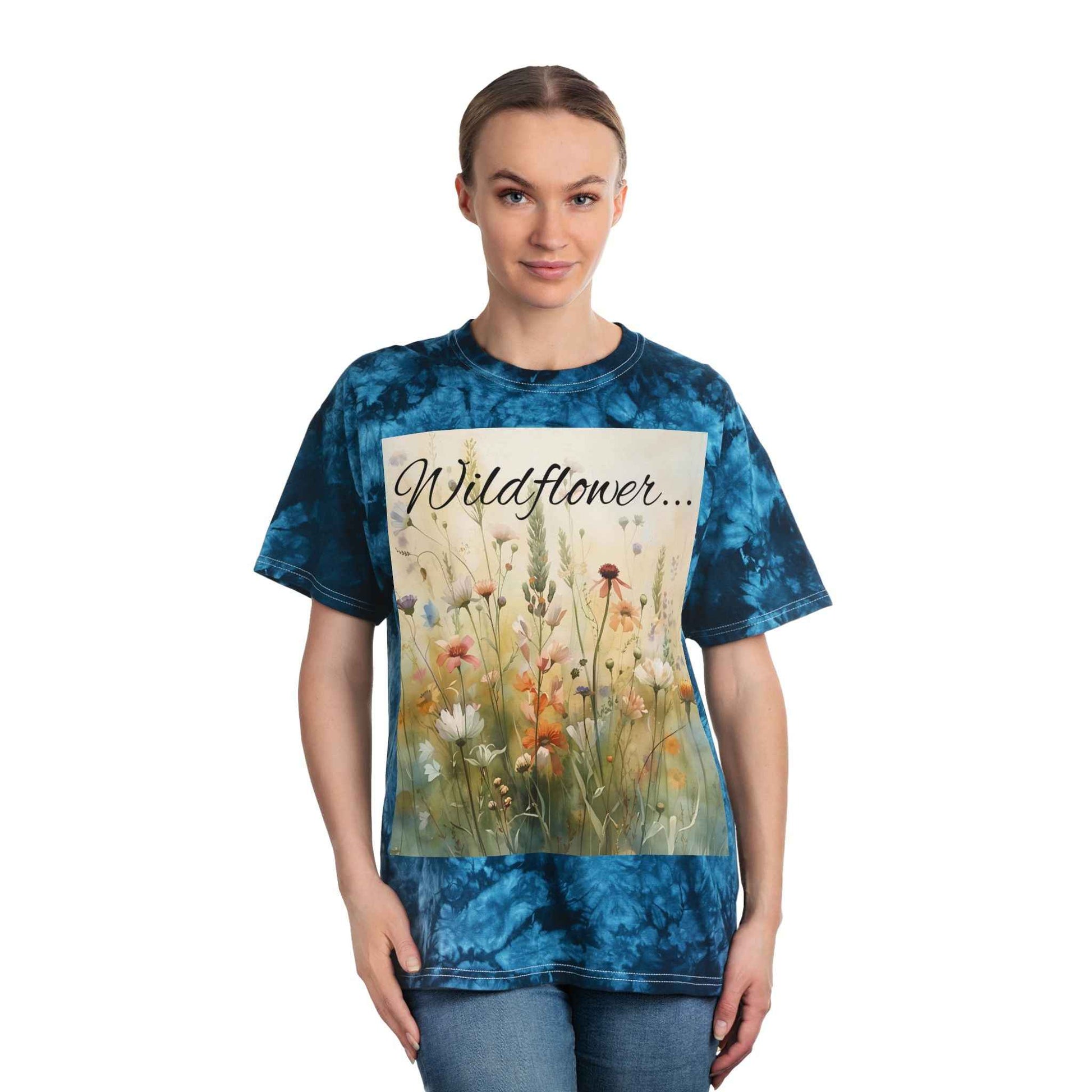 Blue Tie Dye Tee With Wildflower Graphic Reads Wildflower In A World Of Roses