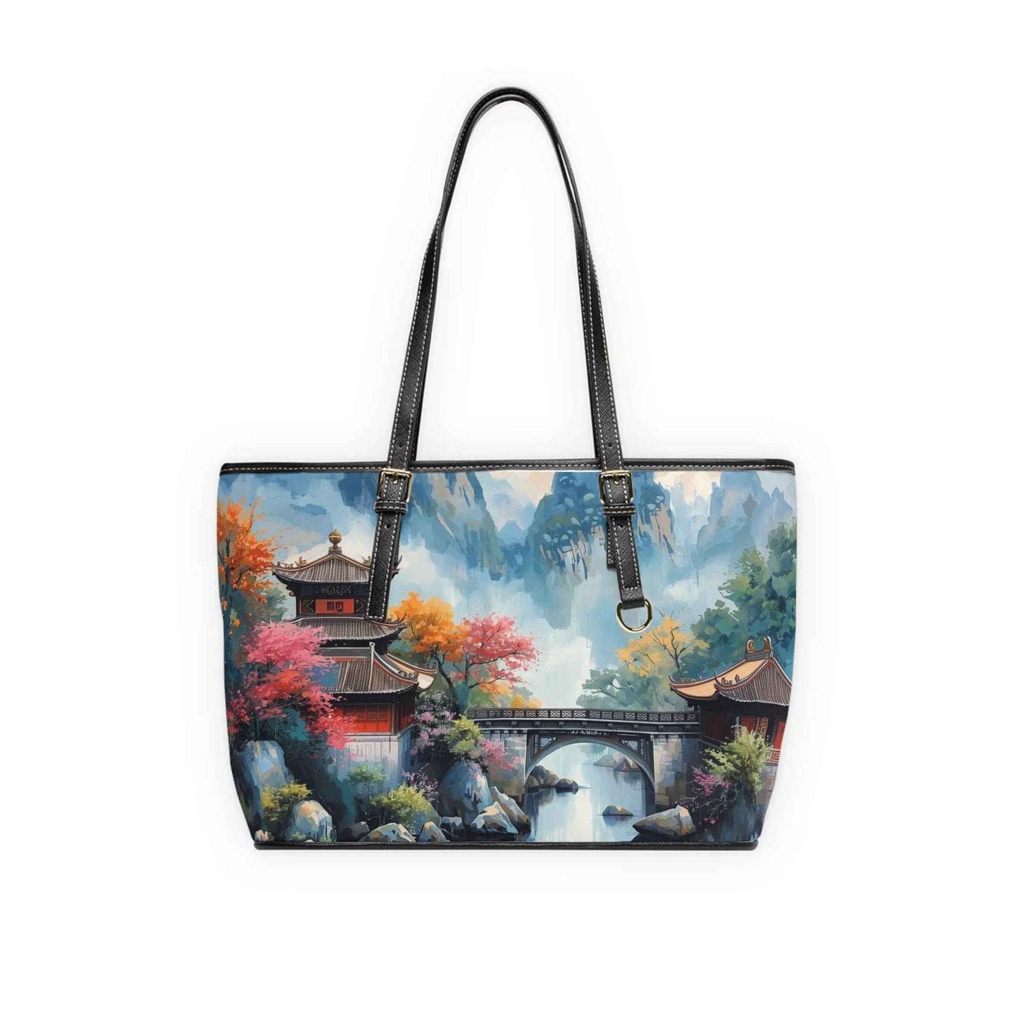 Scenic Asian Landscape PU Leather Shoulder Bag — Autumn Pagoda Bridge Tote