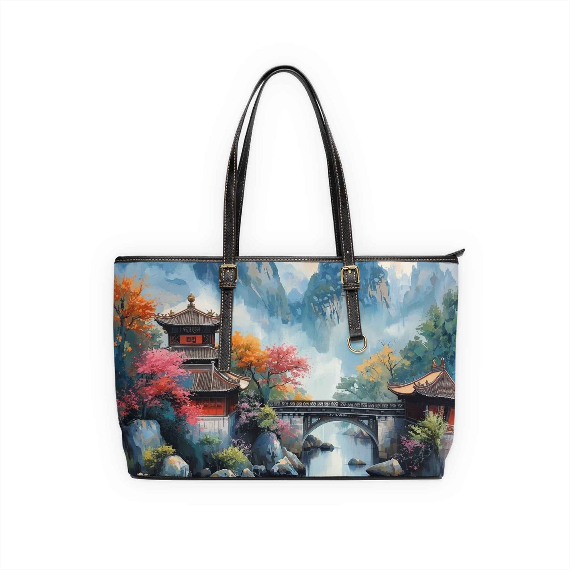 Scenic Asian Landscape PU Leather Shoulder Bag — Autumn Pagoda Bridge Tote