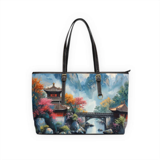 Scenic Asian Landscape PU Leather Shoulder Bag — Autumn Pagoda Bridge Tote