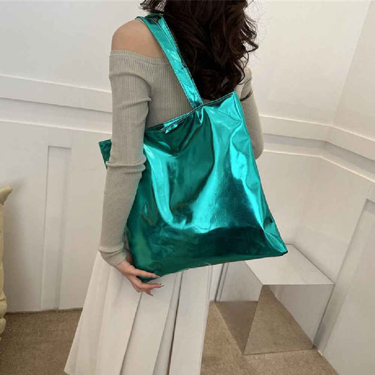 Portable Large Capacity PU Leather Shiny Shoulder Bag Commuter Tote