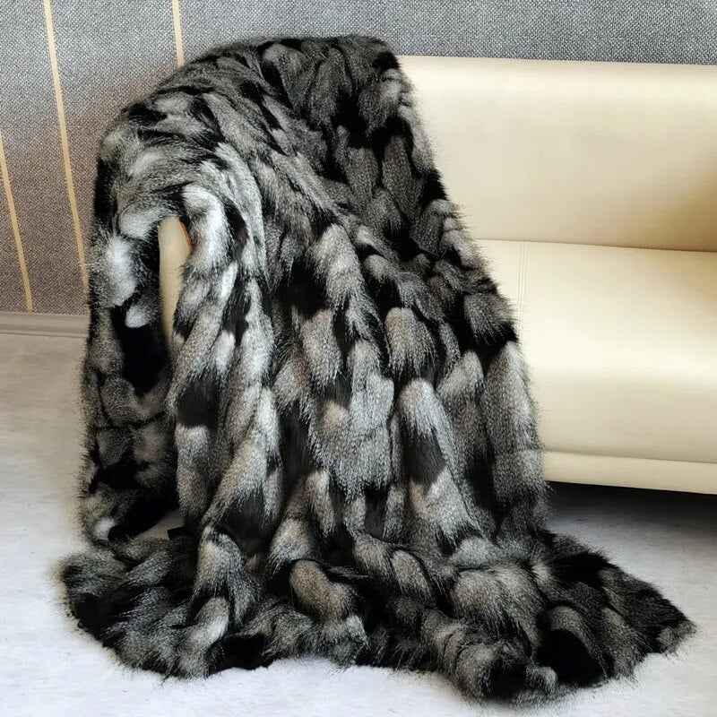 Luxurious Black Peacock Fur Blanket Geometric Pattern All Seasons