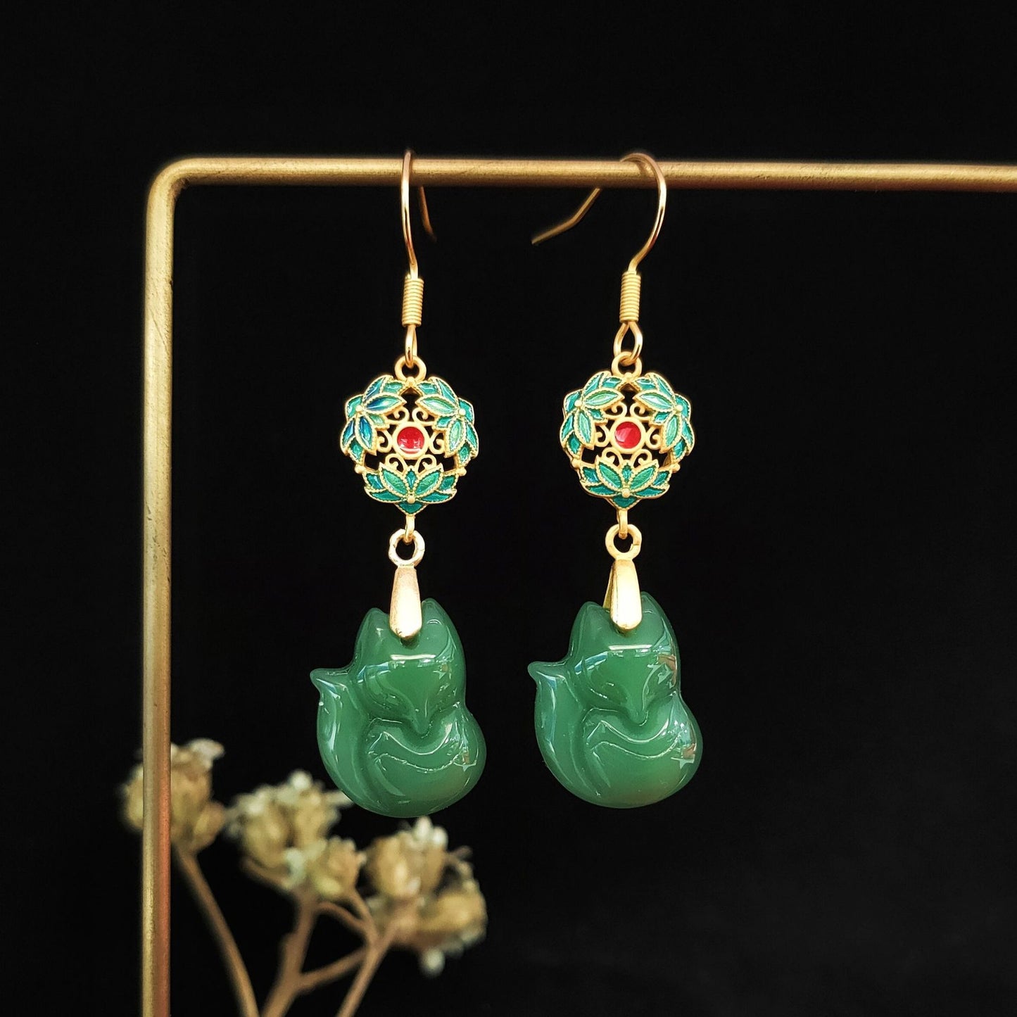 Chinese Style Fox Cheongsam Cloisonne Hetian Jade Earrings