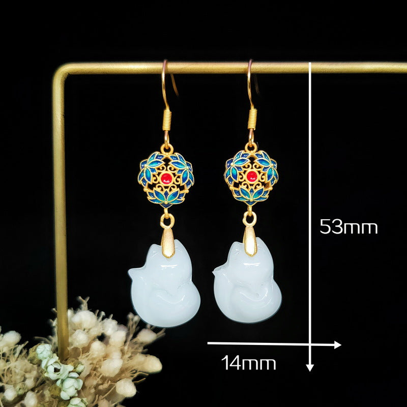 Chinese Style Fox Cheongsam Cloisonne Hetian Jade Earrings