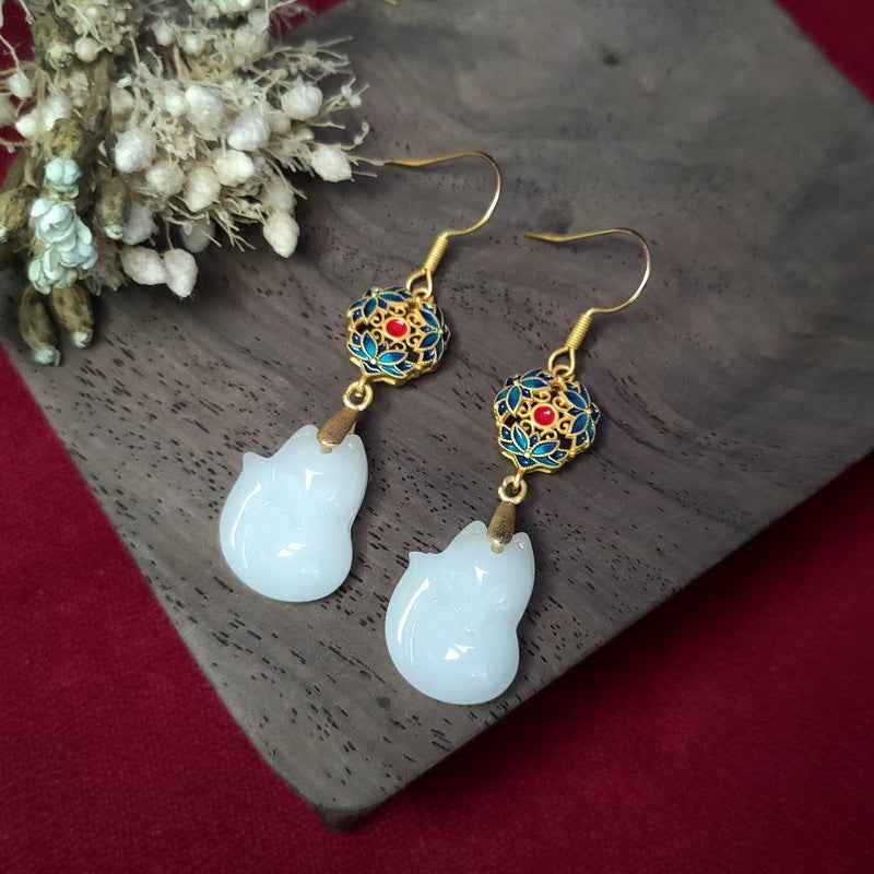 Chinese Style Fox Cheongsam Cloisonne Hitian Jade Earrings