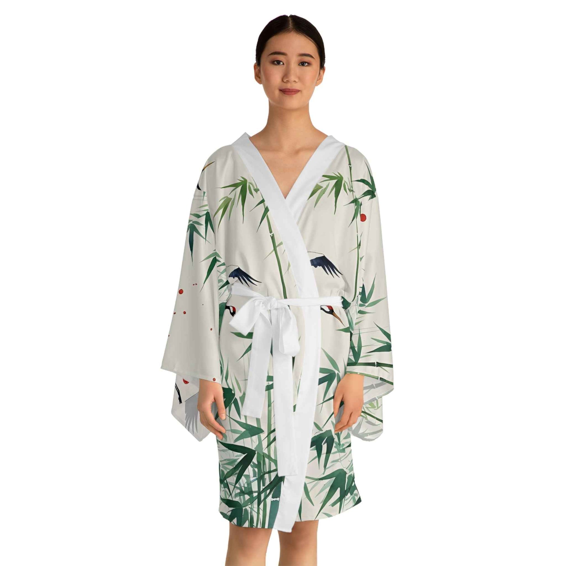 Elegant Crane Print Kimono Robe for Spa Days and Relaxation - Boho Fashion Gift for Her - Rosetta Creative Boutique