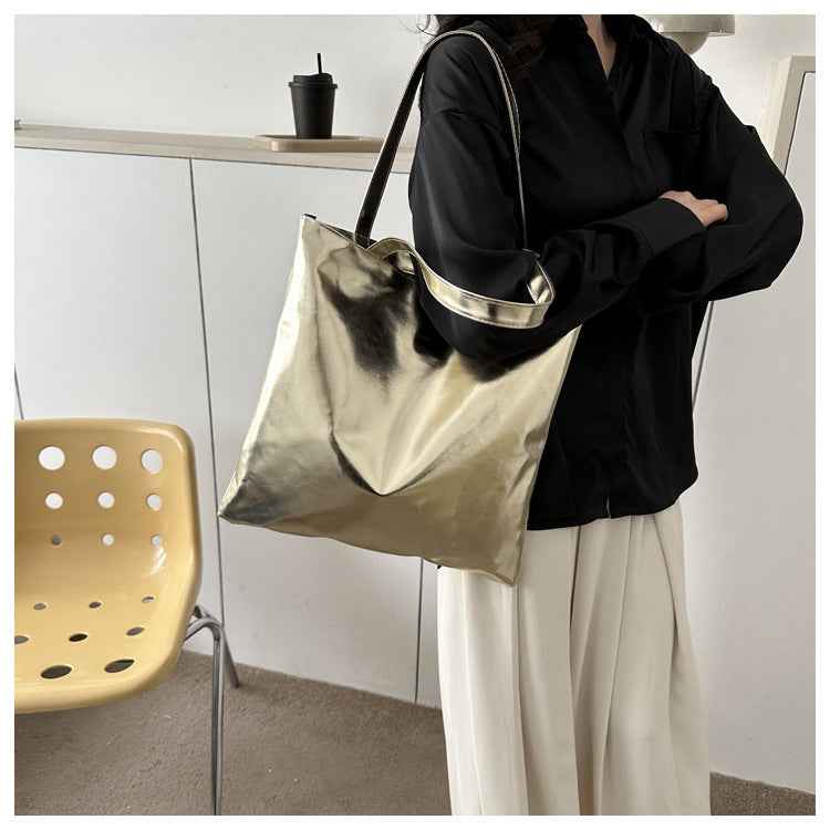 Portable Large Capacity PU Leather Shiny Shoulder Bag Commuter Tote