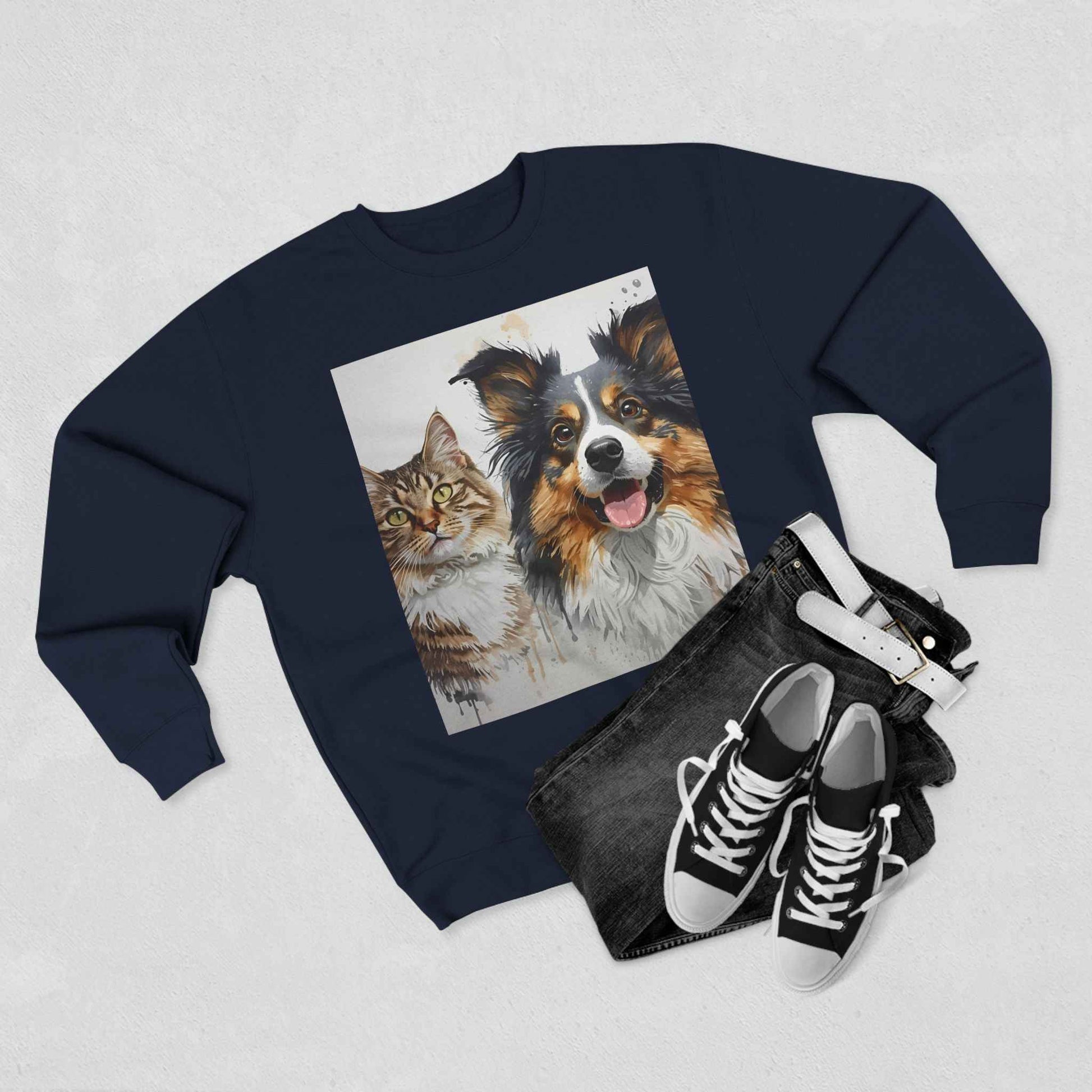 Pet Portrait Crewneck Sweatshirt With Dog And Cat Watercolor Print