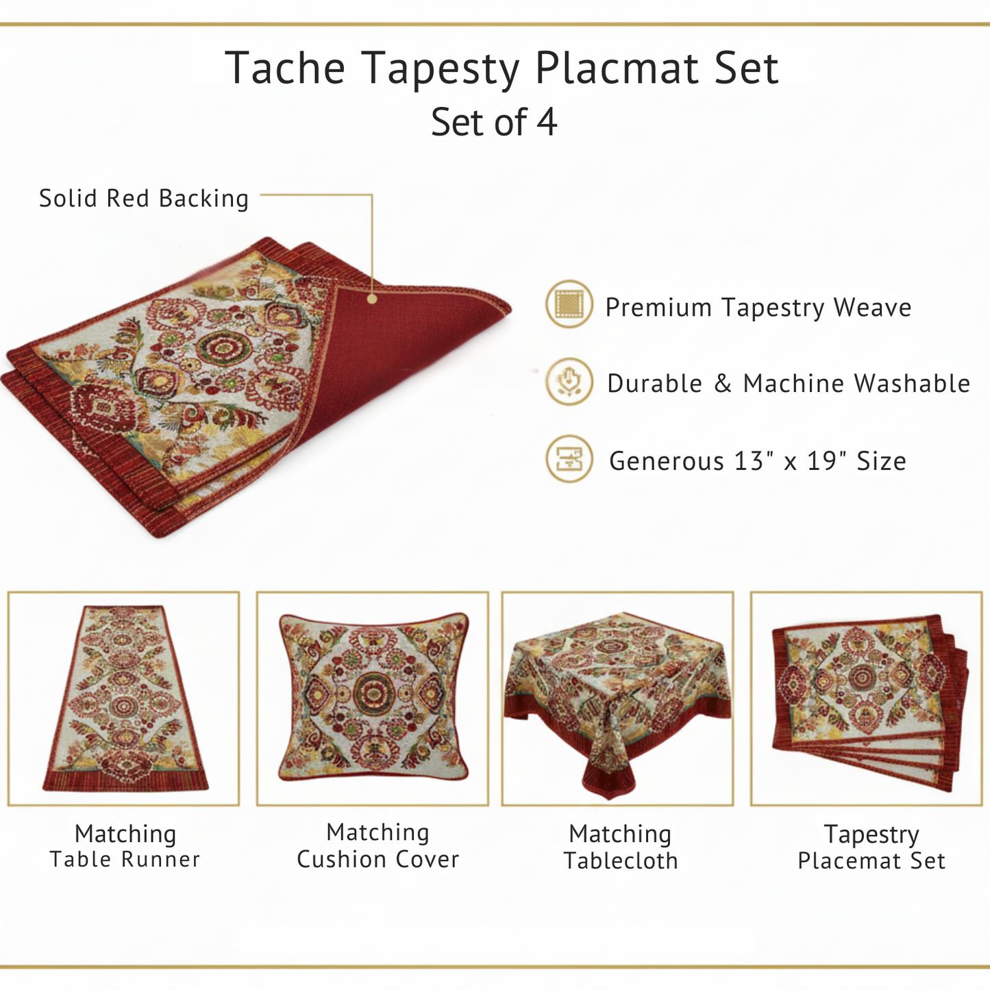 Tache Elegant Burgundy Ornate Paisley Woven Tapestry Placemat Set