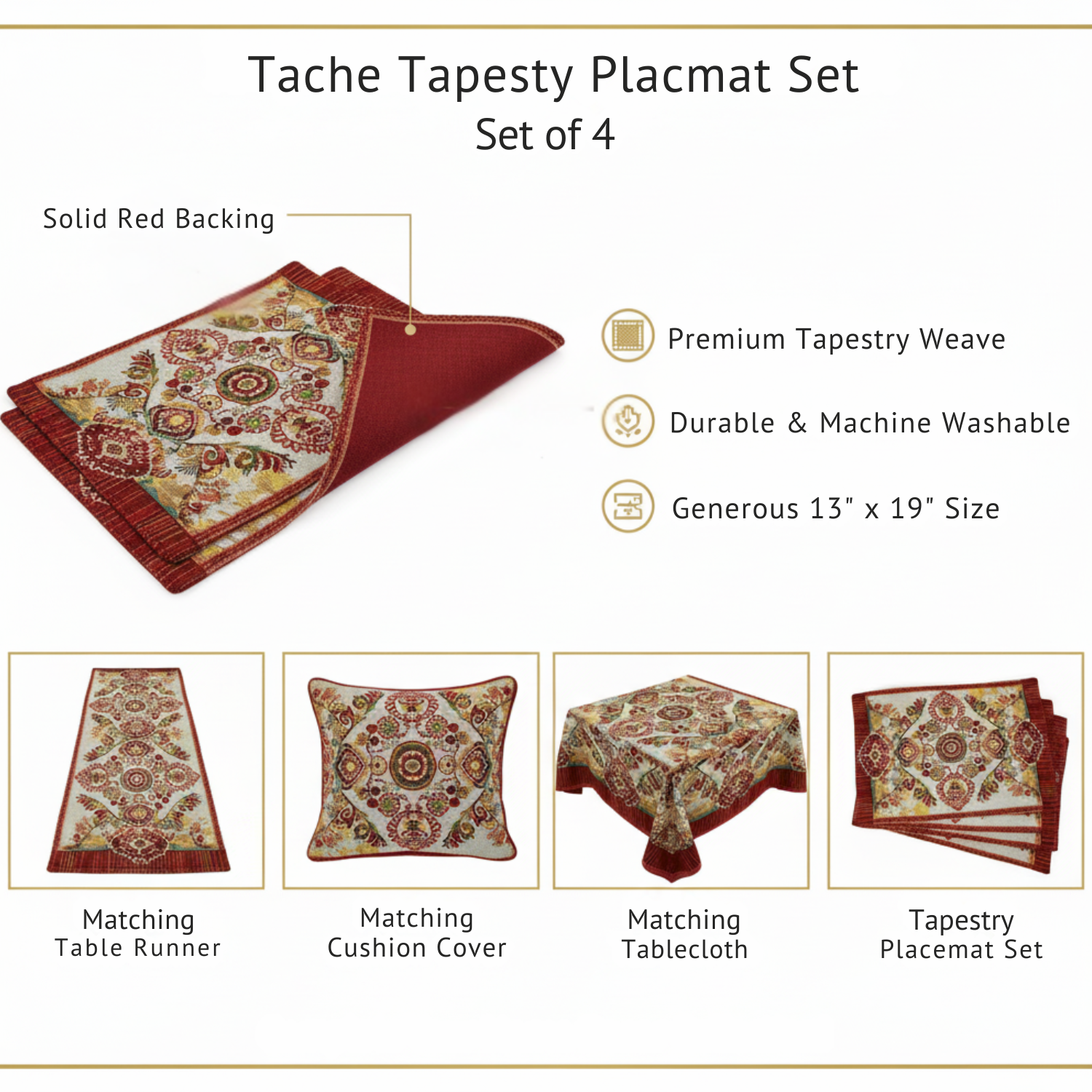 Tache Elegant Burgundy Ornate Paisley Woven Tapestry Placemat Set